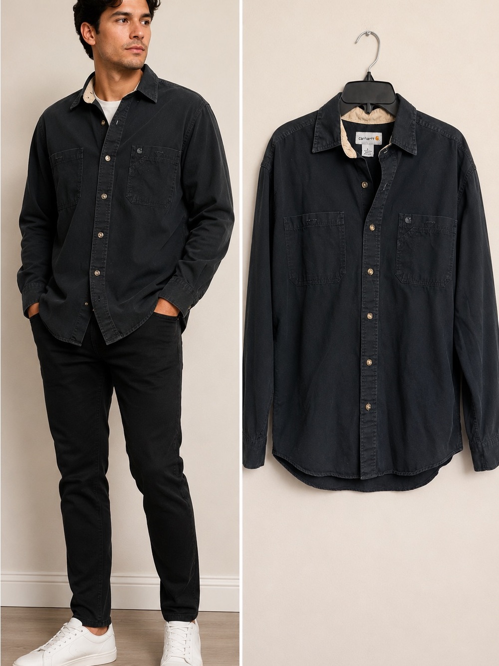 Carhartt Men’s L Long Sleeve Work Shirt Black 100% Cotton Button Front Utility